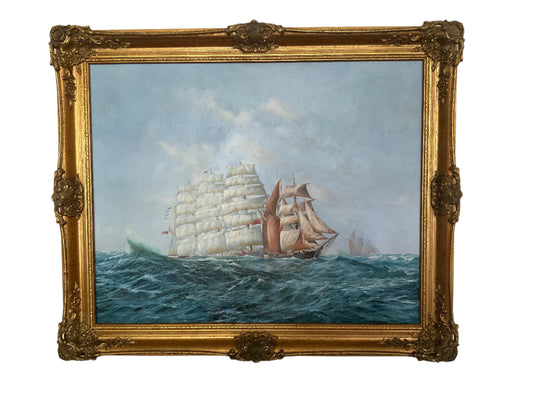 Vintage Maritime Oil Painting by Ed Walker – Tall Ships at Sea, Nautical Seascape in Ornate Gilt Frame