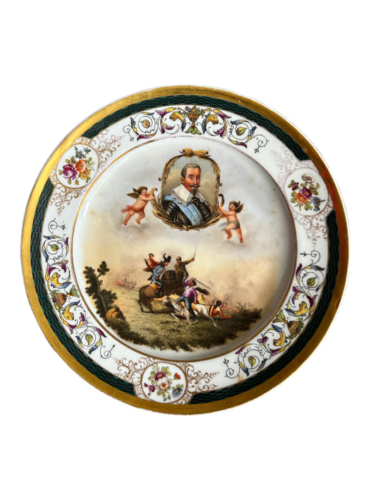 Antique Meissen Porcelain Cabinet Plate – Hand-Painted Cherubs & Cavalry Scene – 9.5” – Rococo Style