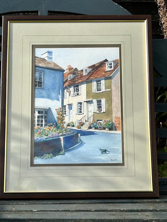 Original Watercolour Painting “Corner Cottages, Lymington” by Owen L Traynor – Framed Coastal Village Artwork