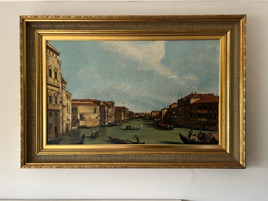 Antique Venetian Canal Oil Painting with Ornate Gold Frame – 60x88cm
