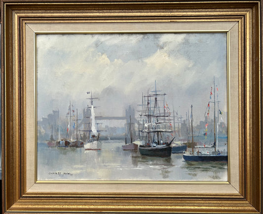 Vintage Oil Painting London Tall Ships On The Thames With Tower Bridge Charles Smith FRSA