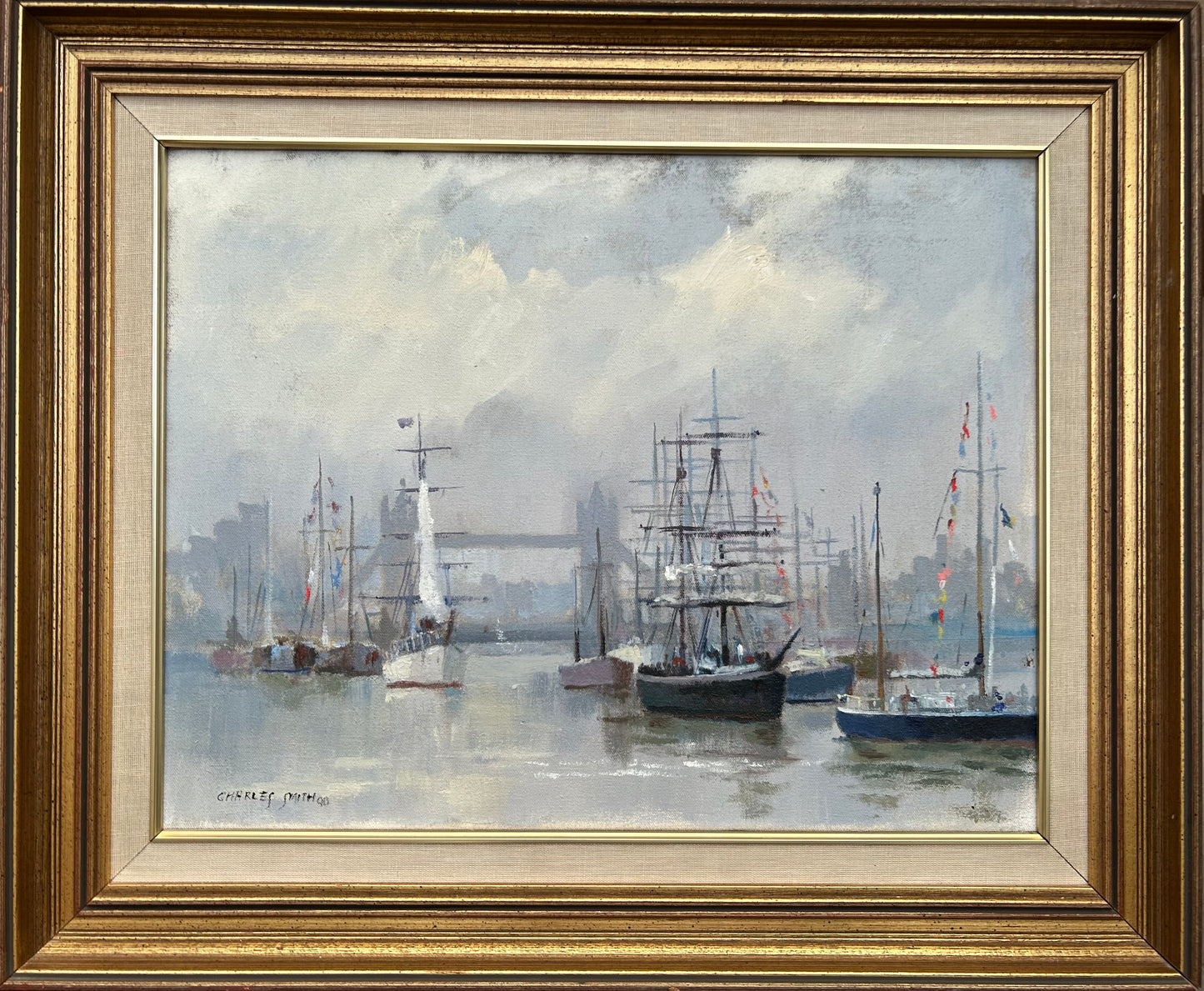 Vintage Oil Painting London Tall Ships On The Thames With Tower Bridge Charles Smith FRSA