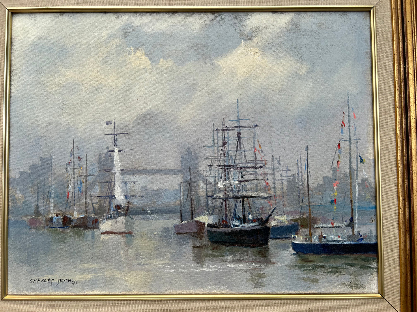 Vintage Oil Painting London Tall Ships On The Thames With Tower Bridge Charles Smith FRSA
