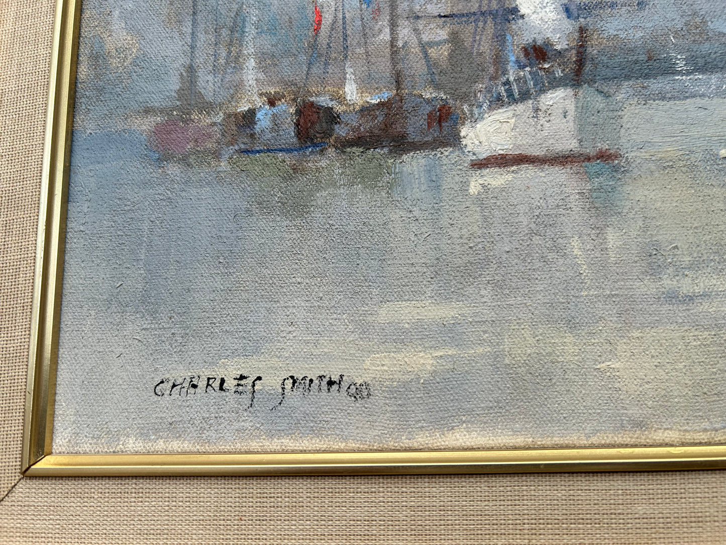 Vintage Oil Painting London Tall Ships On The Thames With Tower Bridge Charles Smith FRSA