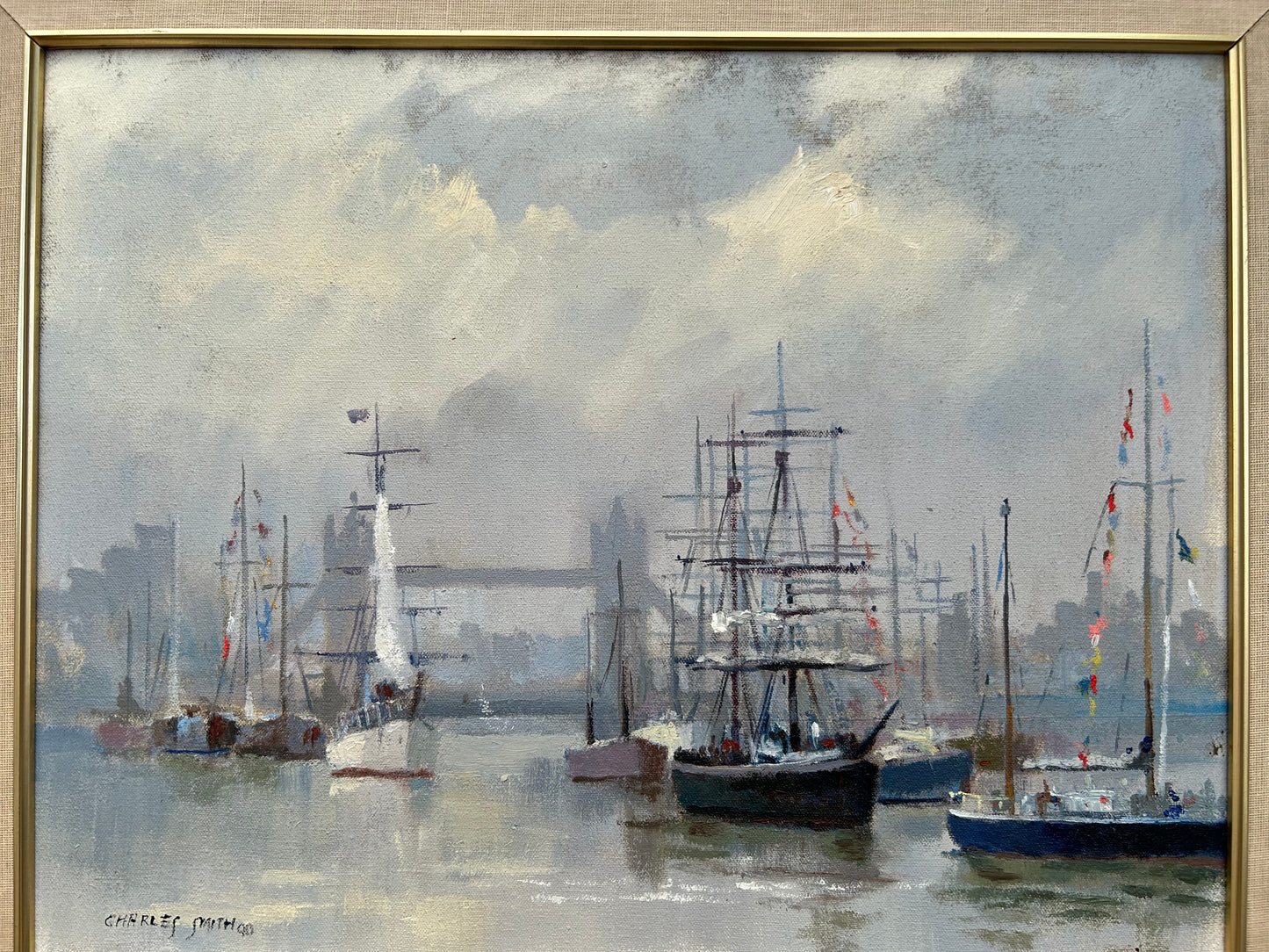 Vintage Oil Painting London Tall Ships On The Thames With Tower Bridge Charles Smith FRSA