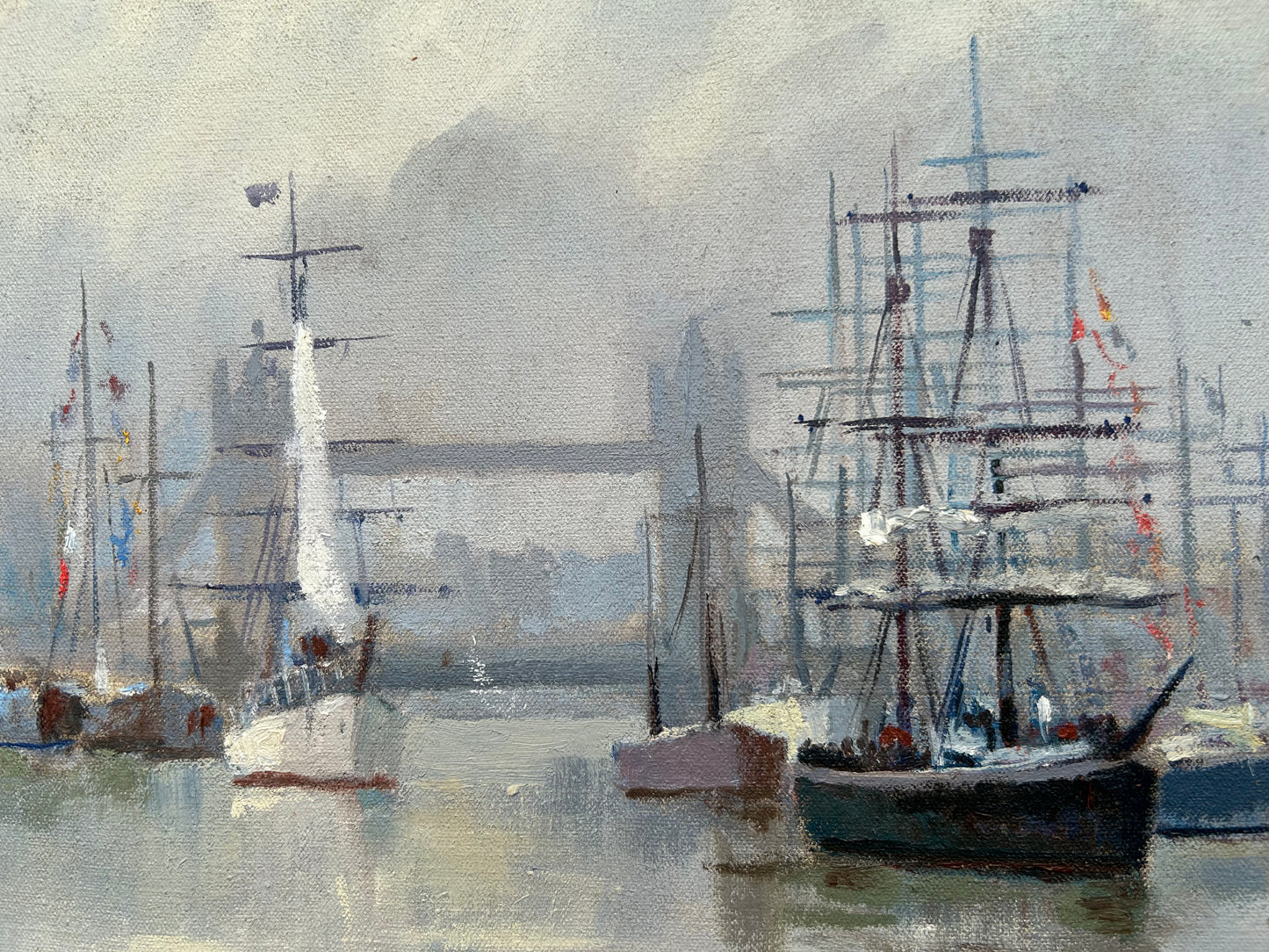 Vintage Oil Painting London Tall Ships On The Thames With Tower Bridge Charles Smith FRSA