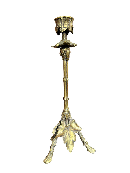 Arts and Crafts Gilt Bronze Candlestick of Naturalistic Form With insect Motifs and Lead and Faux Bamboo Tripod Stand