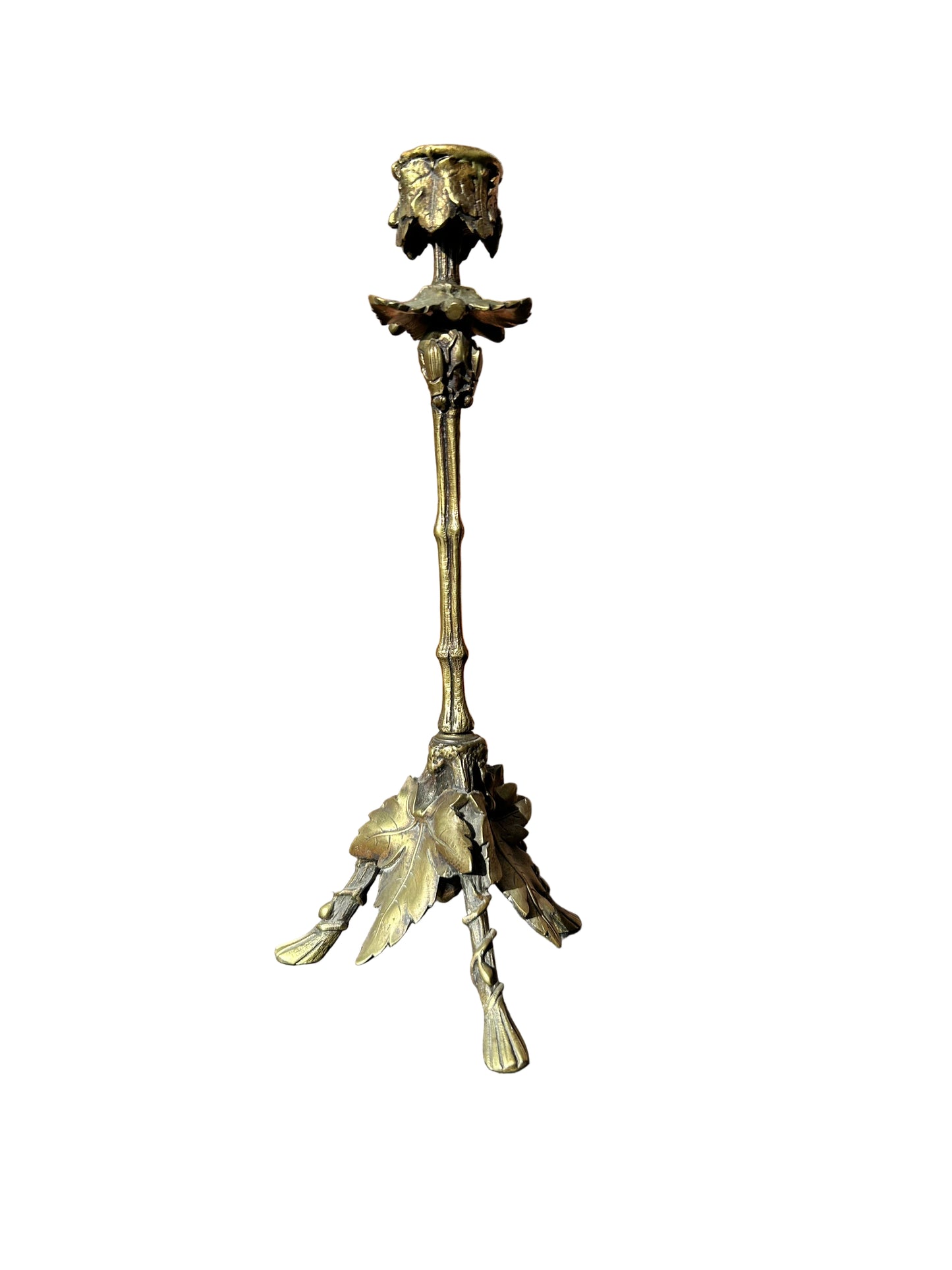 Arts and Crafts Gilt Bronze Candlestick of Naturalistic Form With insect Motifs and Lead and Faux Bamboo Tripod Stand