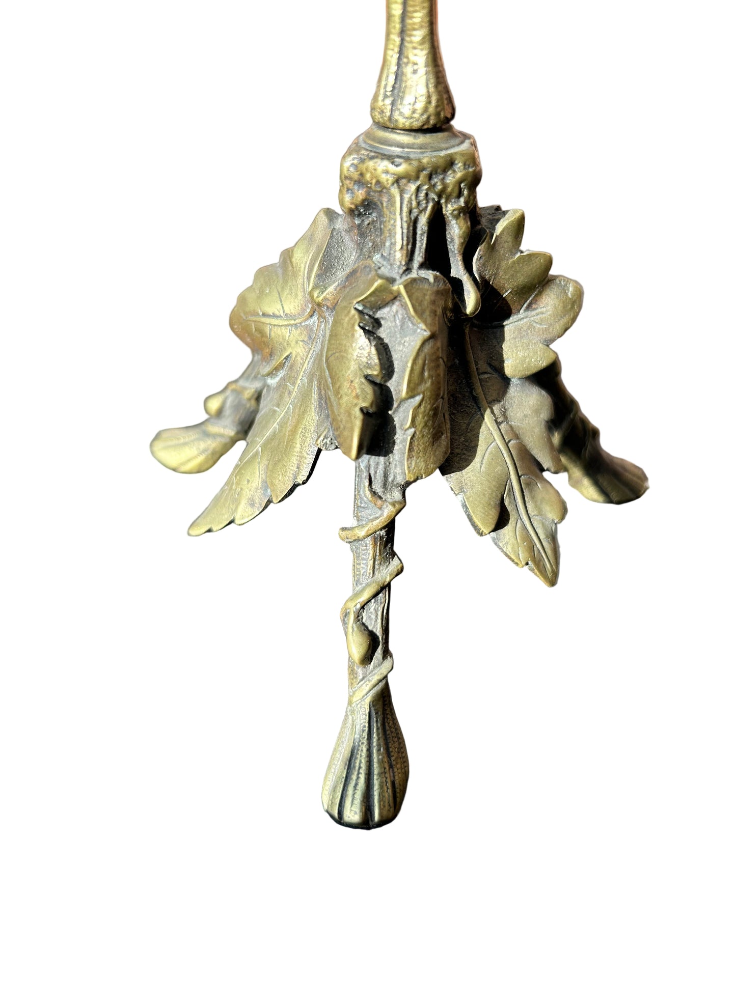 Arts and Crafts Gilt Bronze Candlestick of Naturalistic Form With insect Motifs and Lead and Faux Bamboo Tripod Stand