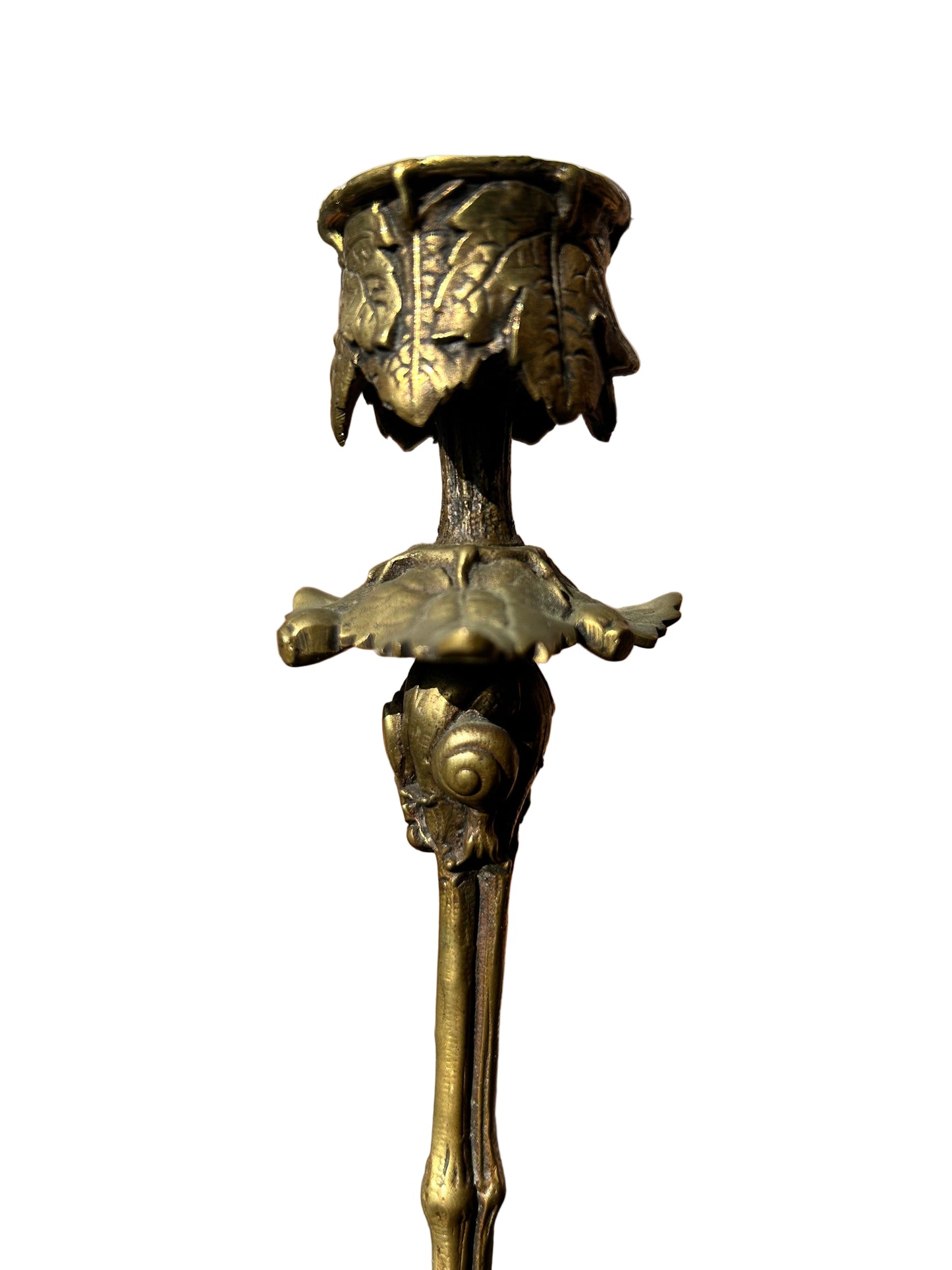 Arts and Crafts Gilt Bronze Candlestick of Naturalistic Form With insect Motifs and Lead and Faux Bamboo Tripod Stand