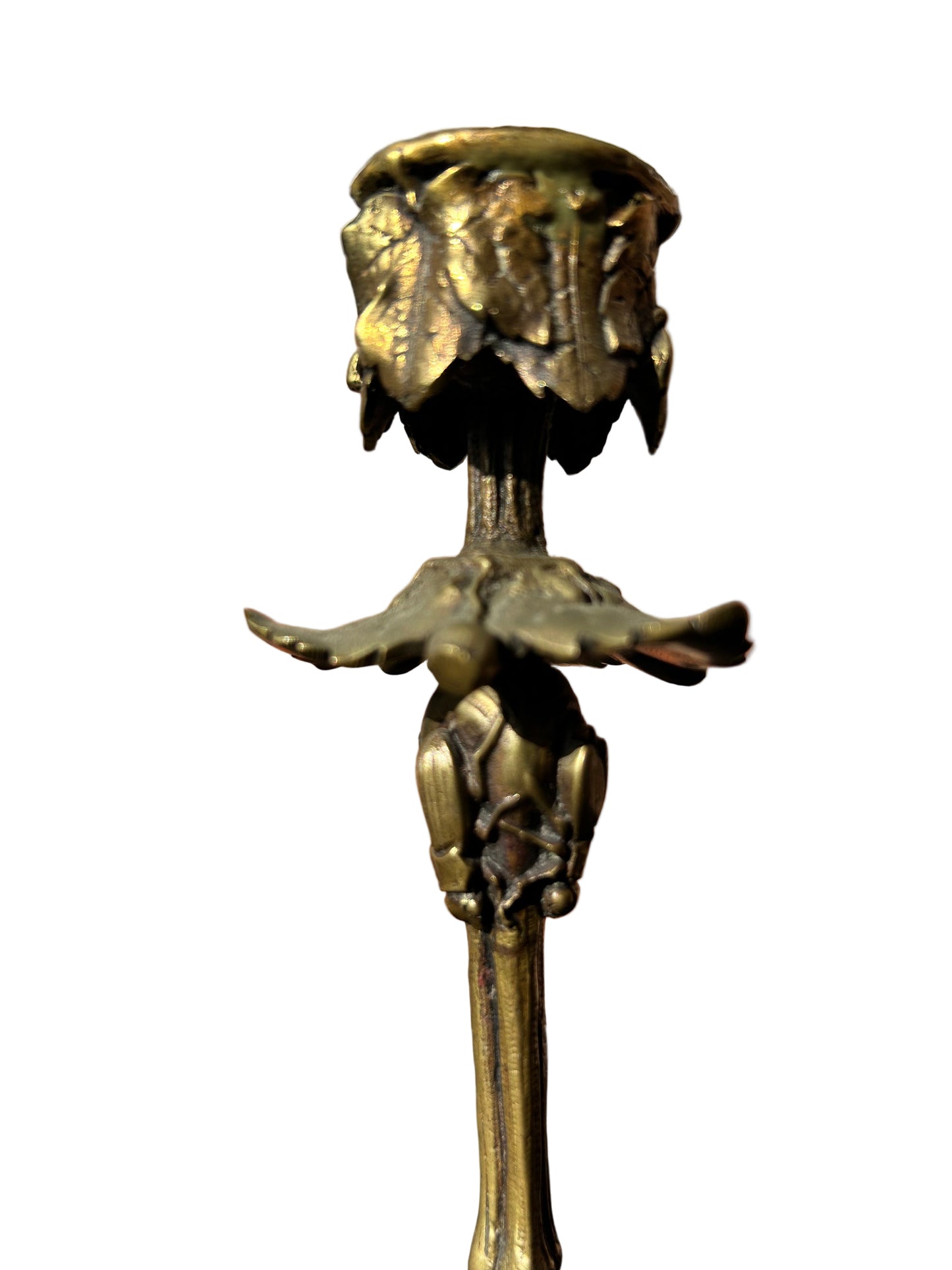 Arts and Crafts Gilt Bronze Candlestick of Naturalistic Form With insect Motifs and Lead and Faux Bamboo Tripod Stand