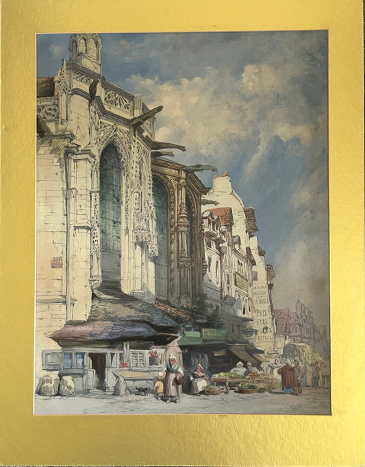 William Callow Antique Watercolour Painting Caen France Englise St. Saveur With Market And Figures Signed