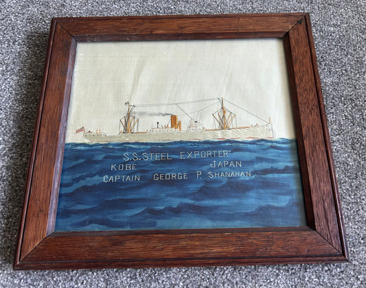 WW2 US Prisoner Of War Silk Artwork of The Steamship ‘Steel Exporter’ Captain George P Shanahan. Kobe Japan