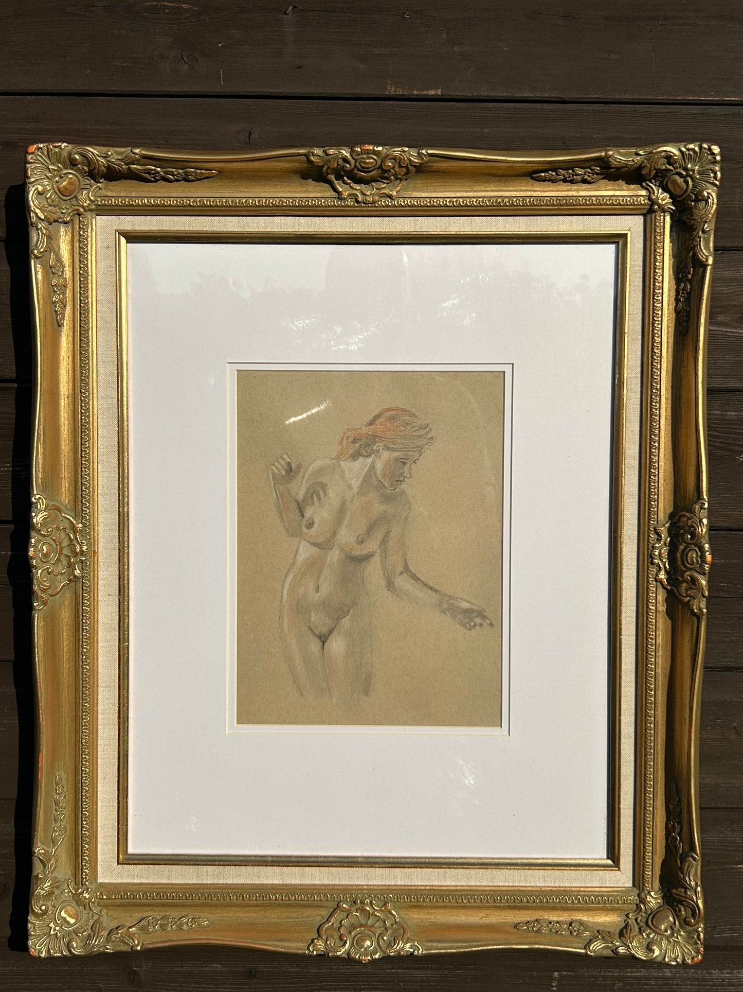 Original Charcoal & Sanguine Nude Figure Study | Vintage Framed Academic Drawing | Classical Female Sketch | 24x21 inches Framed Art