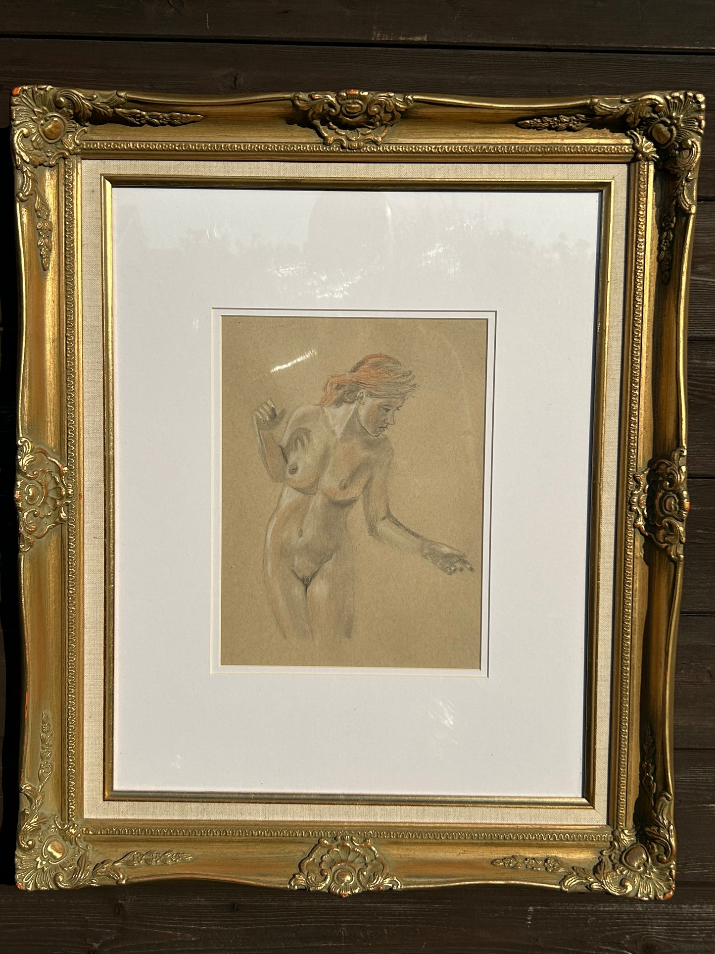 Original Charcoal & Sanguine Nude Figure Study | Vintage Framed Academic Drawing | Classical Female Sketch | 24x21 inches Framed Art