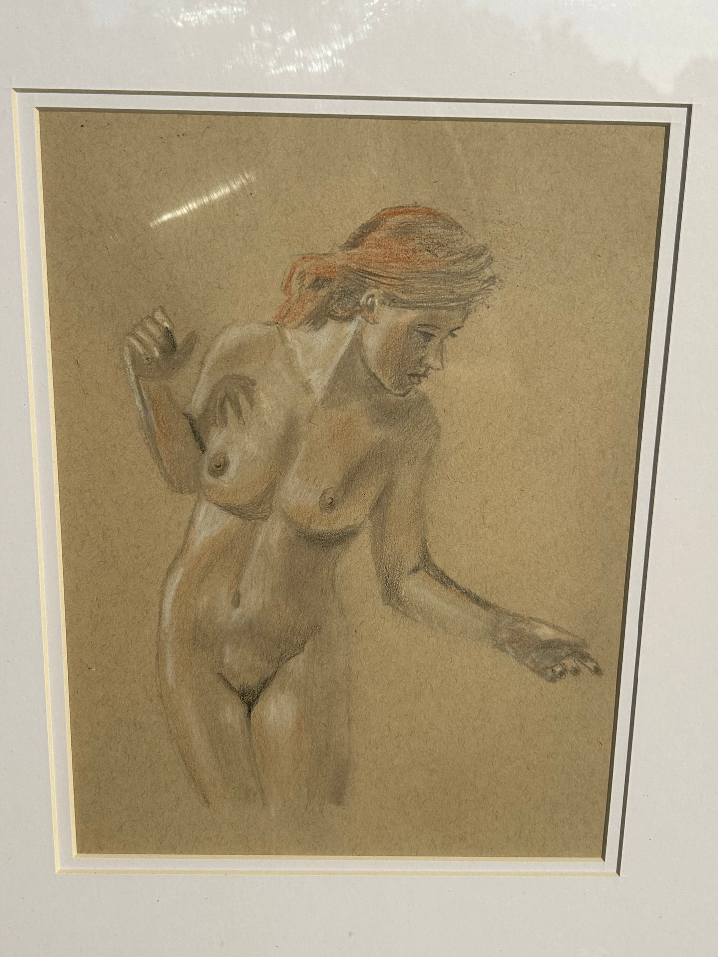 Original Charcoal & Sanguine Nude Figure Study | Vintage Framed Academic Drawing | Classical Female Sketch | 24x21 inches Framed Art