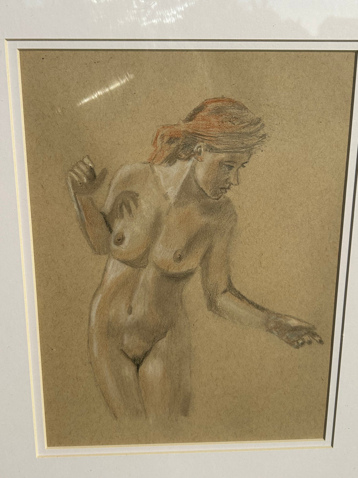 Original Charcoal & Sanguine Nude Figure Study | Vintage Framed Academic Drawing | Classical Female Sketch | 24x21 inches Framed Art