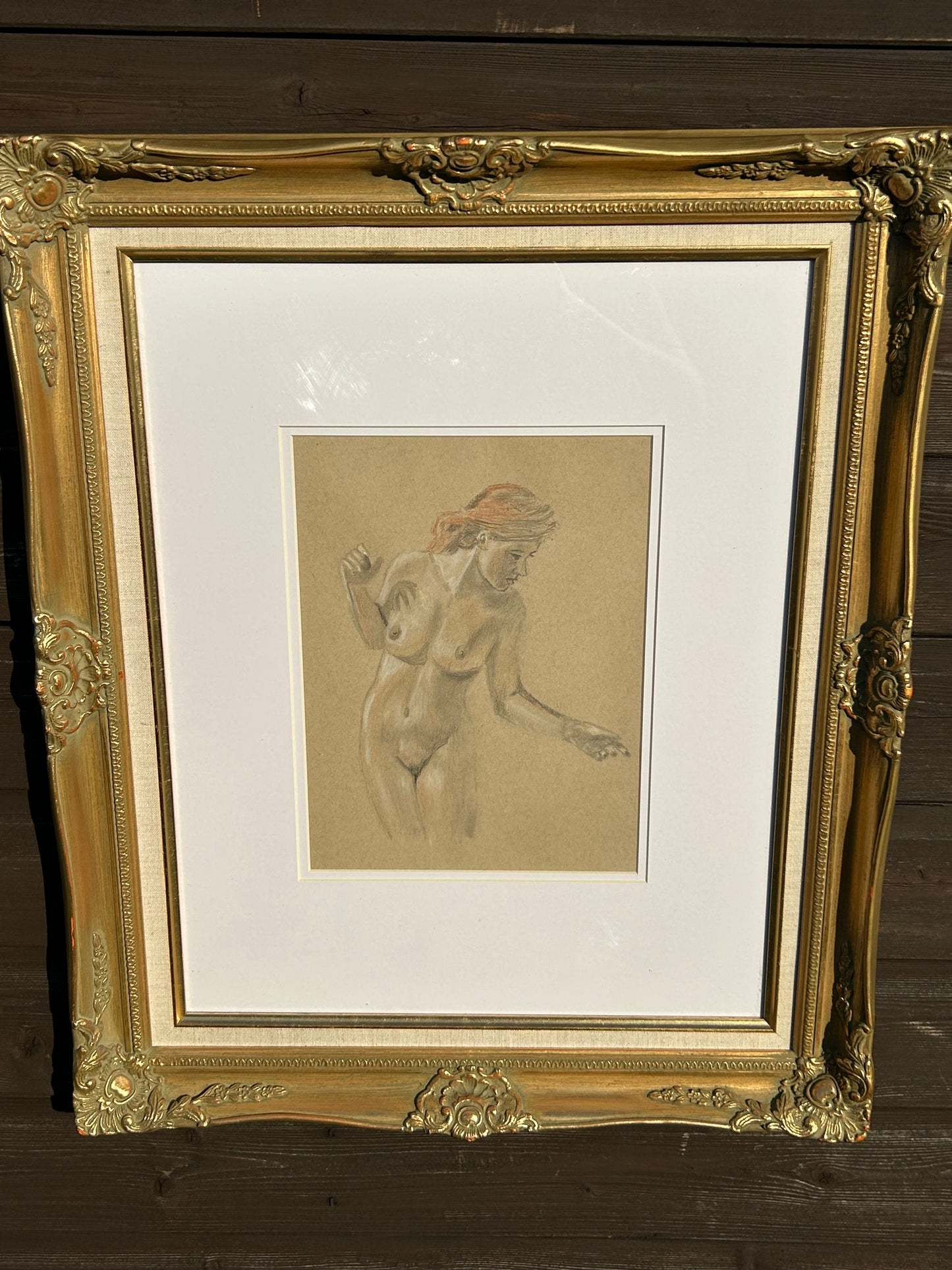 Original Charcoal & Sanguine Nude Figure Study | Vintage Framed Academic Drawing | Classical Female Sketch | 24x21 inches Framed Art