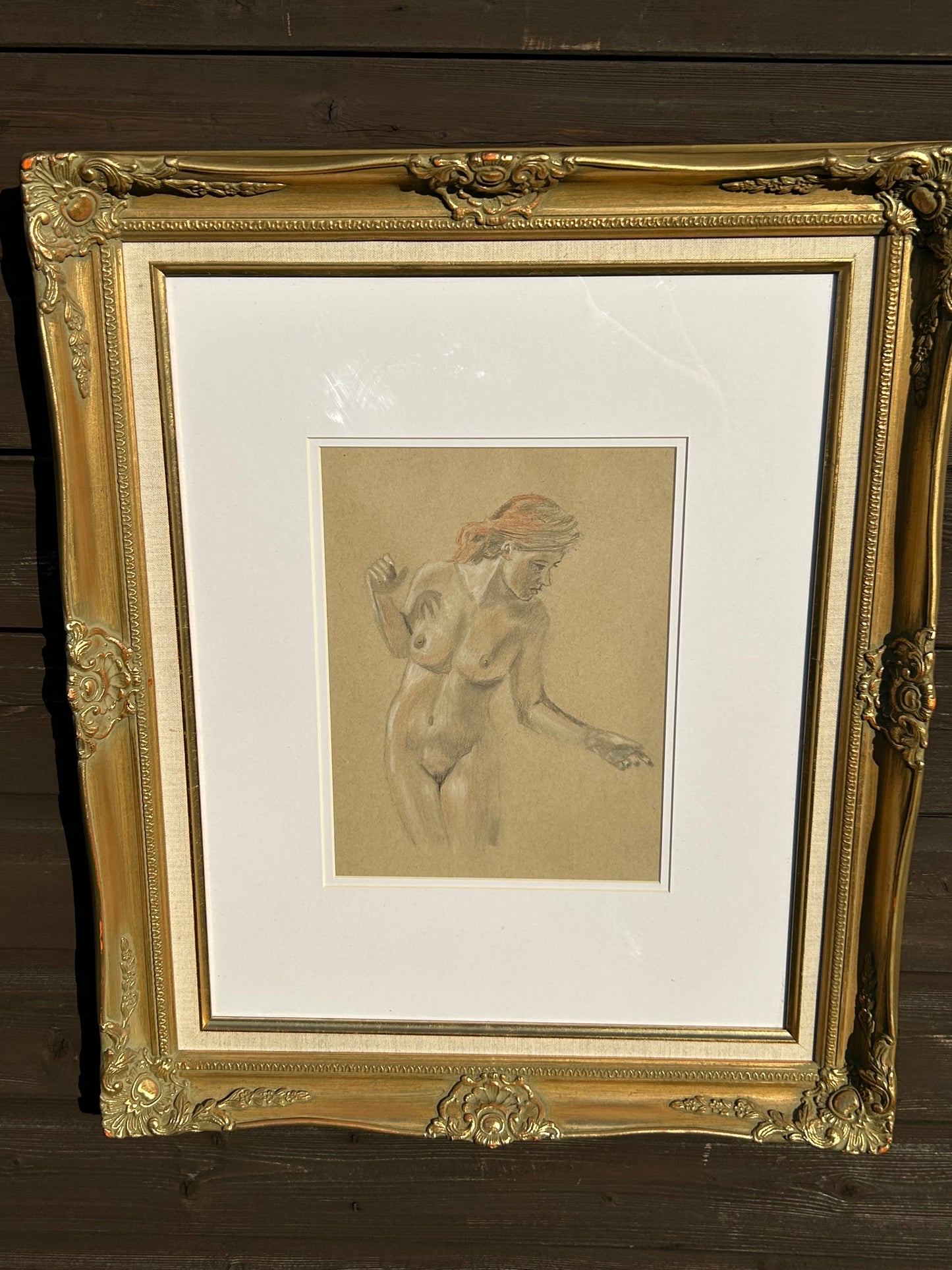 Original Charcoal & Sanguine Nude Figure Study | Vintage Framed Academic Drawing | Classical Female Sketch | 24x21 inches Framed Art