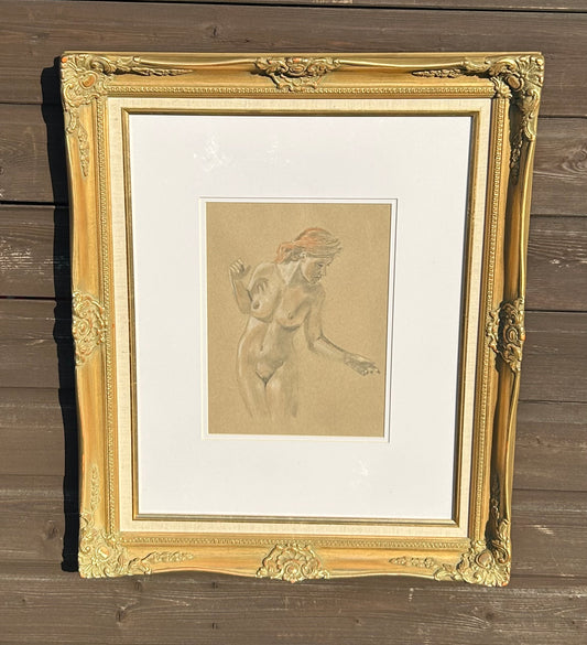 Original Charcoal & Sanguine Nude Figure Study | Vintage Framed Academic Drawing | Classical Female Sketch | 24x21 inches Framed Art