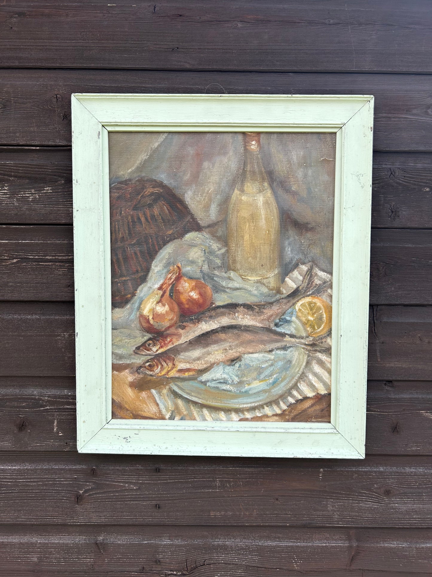 Vintage Still Life Painting Kitchen Scene With Herrings Gouache Bloomsbury Style