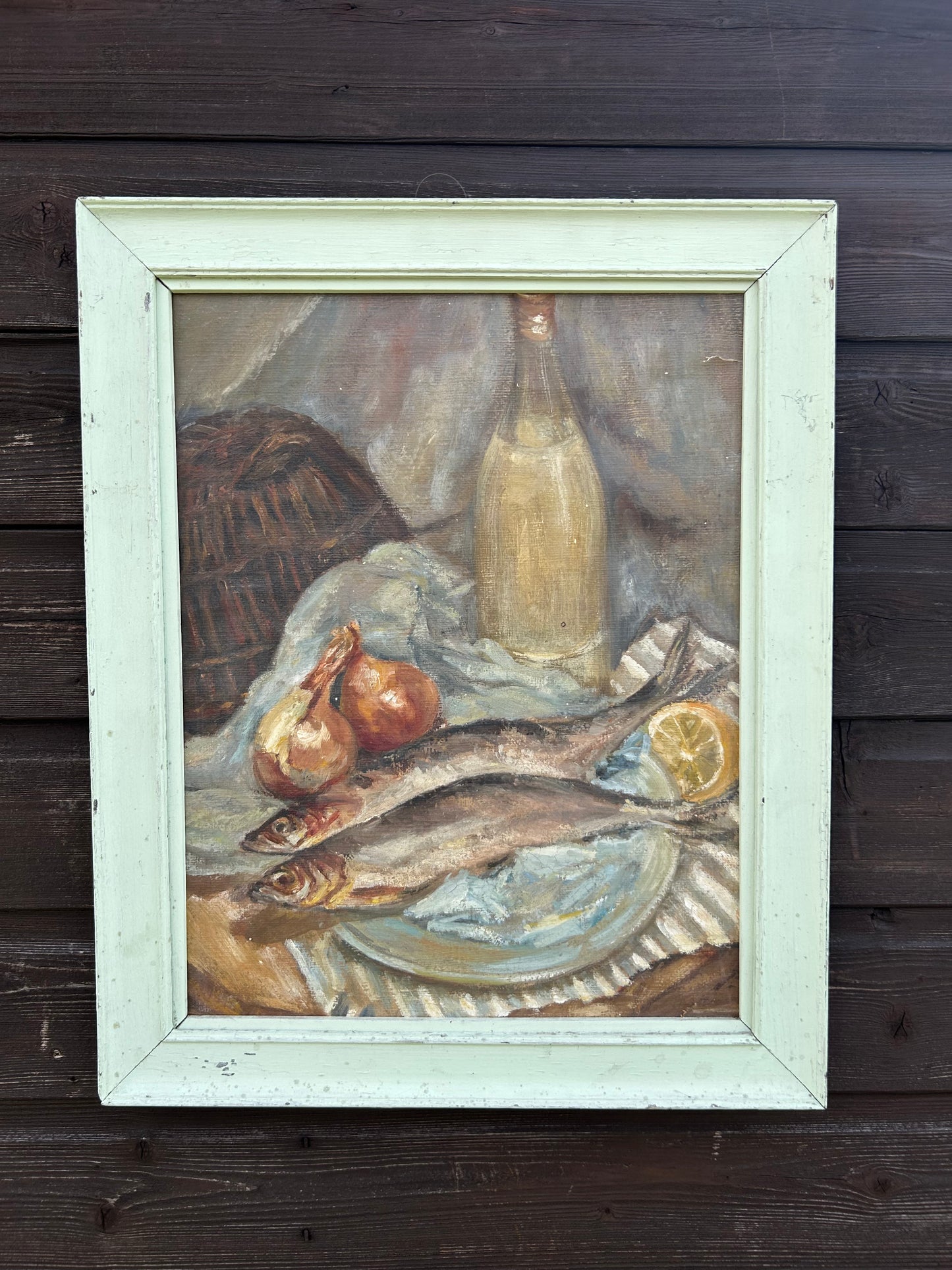 Vintage Still Life Painting Kitchen Scene With Herrings Gouache Bloomsbury Style
