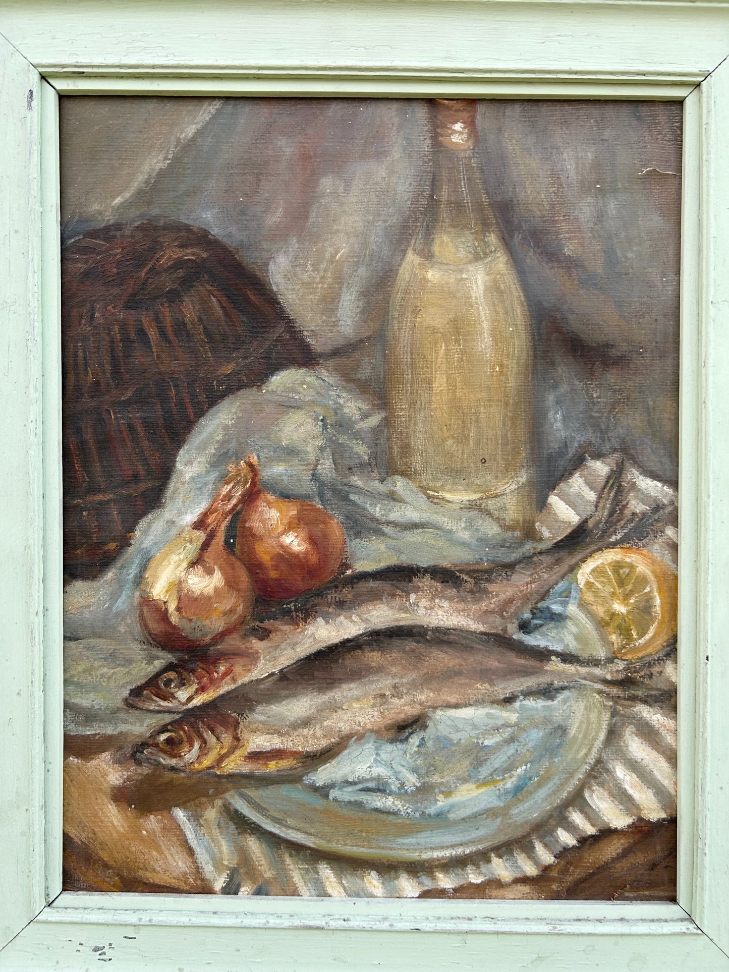Vintage Still Life Painting Kitchen Scene With Herrings Gouache Bloomsbury Style