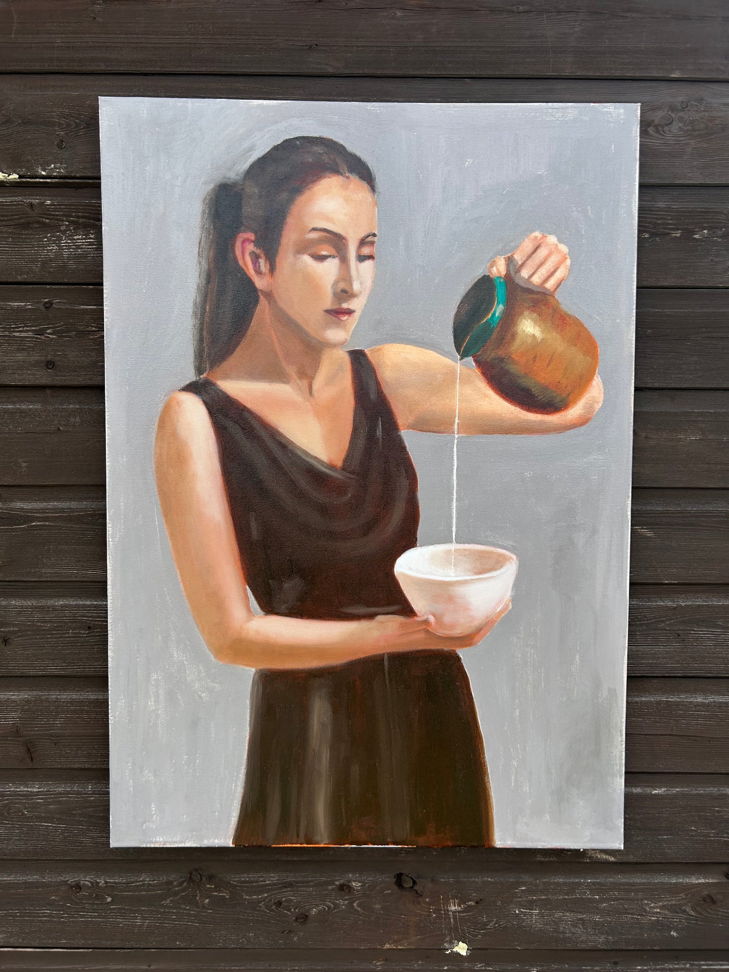 Original Oil Painting – Woman Pouring Milk – Figurative Artwork – 80 x 60cm – Unframed