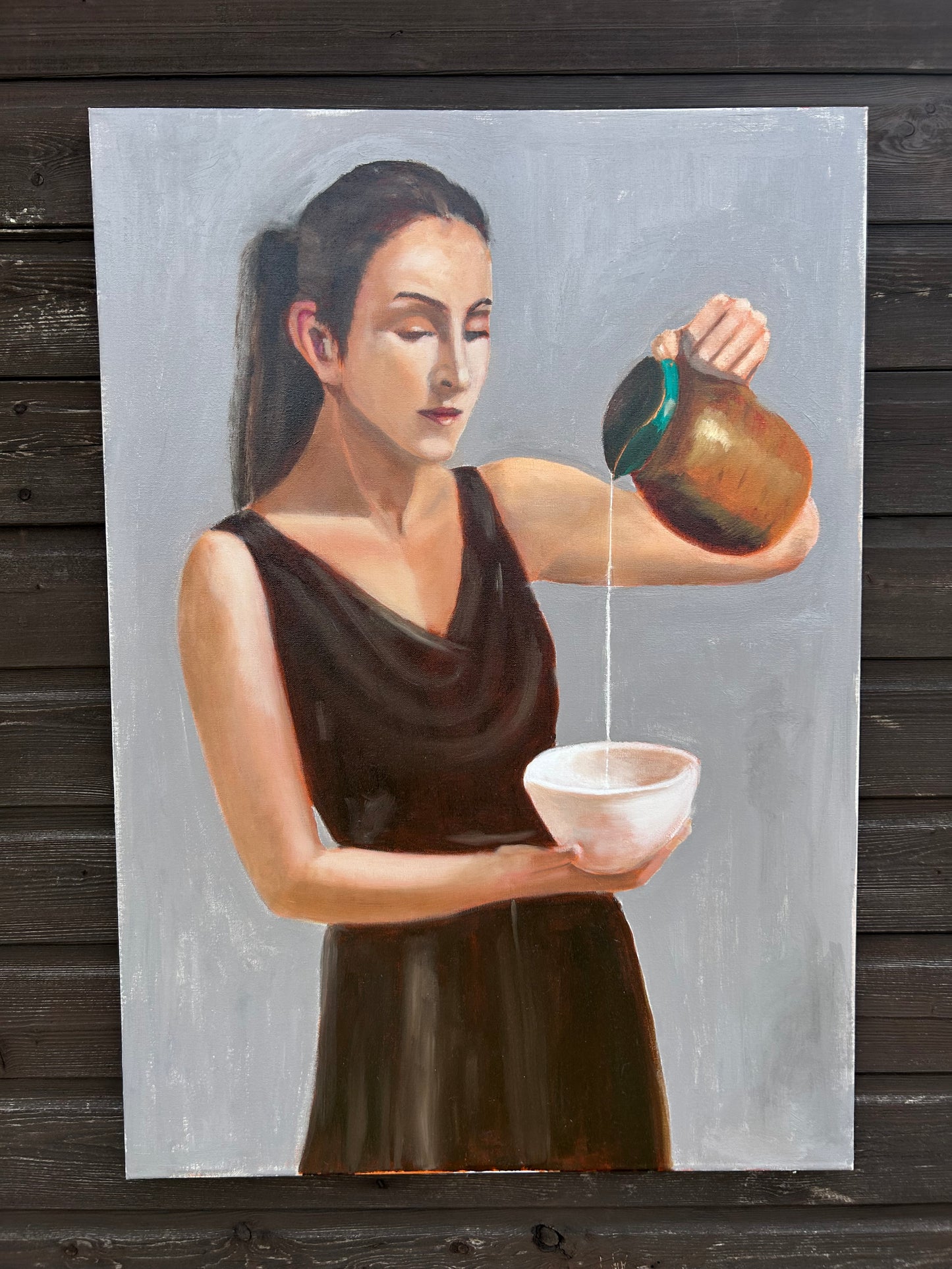 Original Oil Painting – Woman Pouring Milk – Figurative Artwork – 80 x 60cm – Unframed
