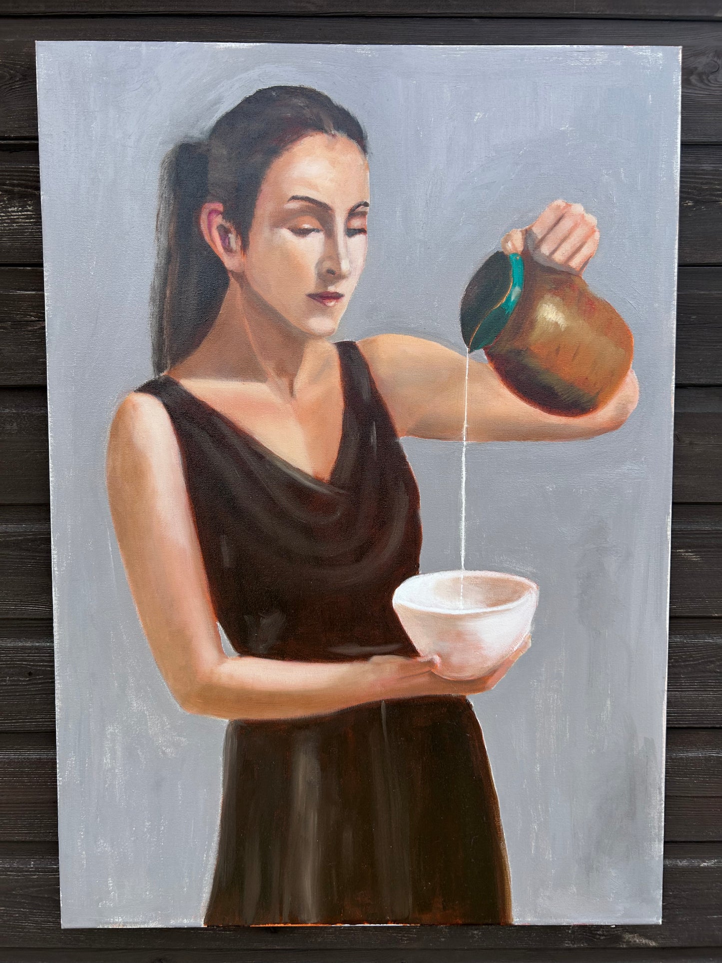 Original Oil Painting – Woman Pouring Milk – Figurative Artwork – 80 x 60cm – Unframed