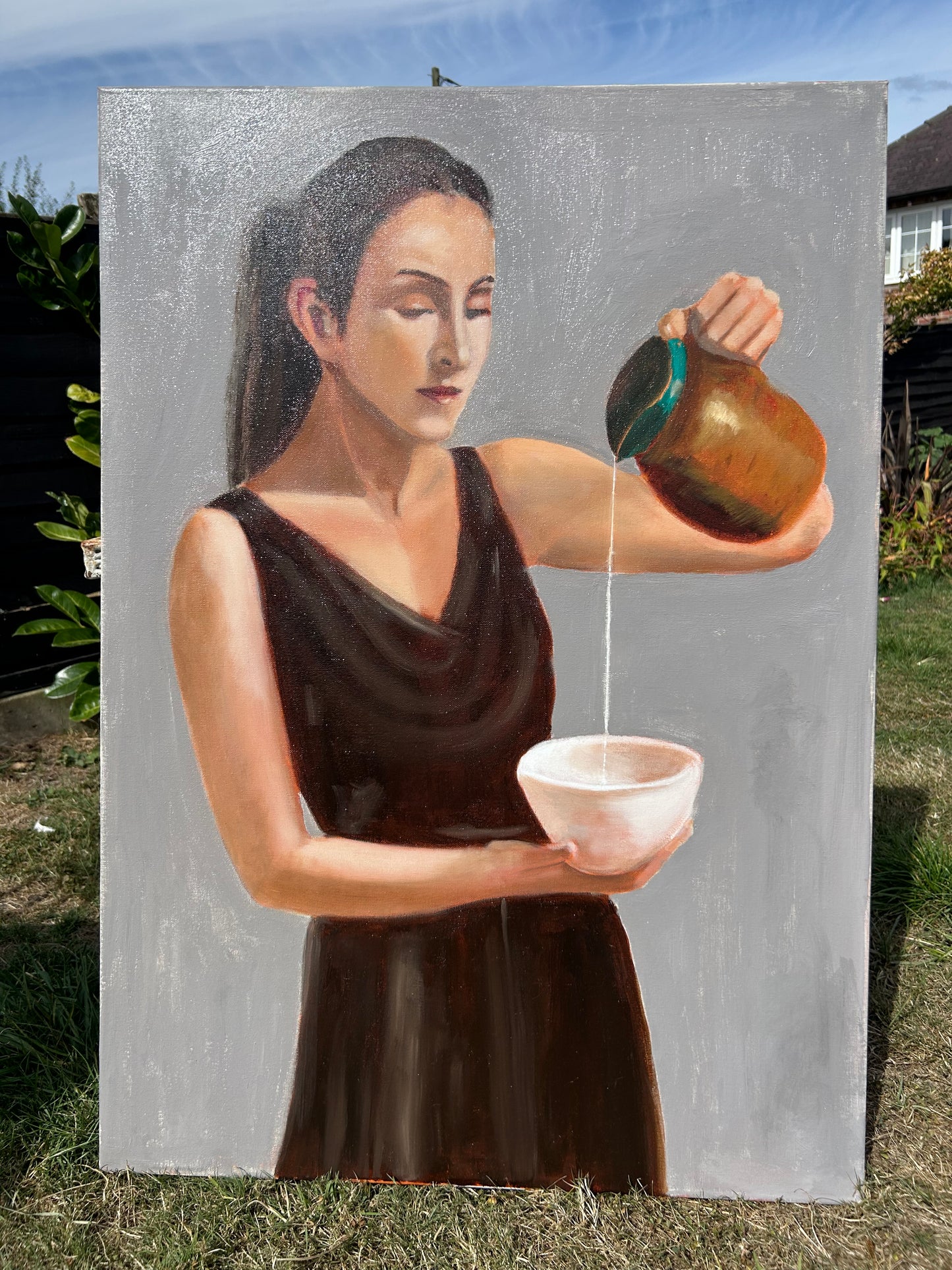 Original Oil Painting – Woman Pouring Milk – Figurative Artwork – 80 x 60cm – Unframed