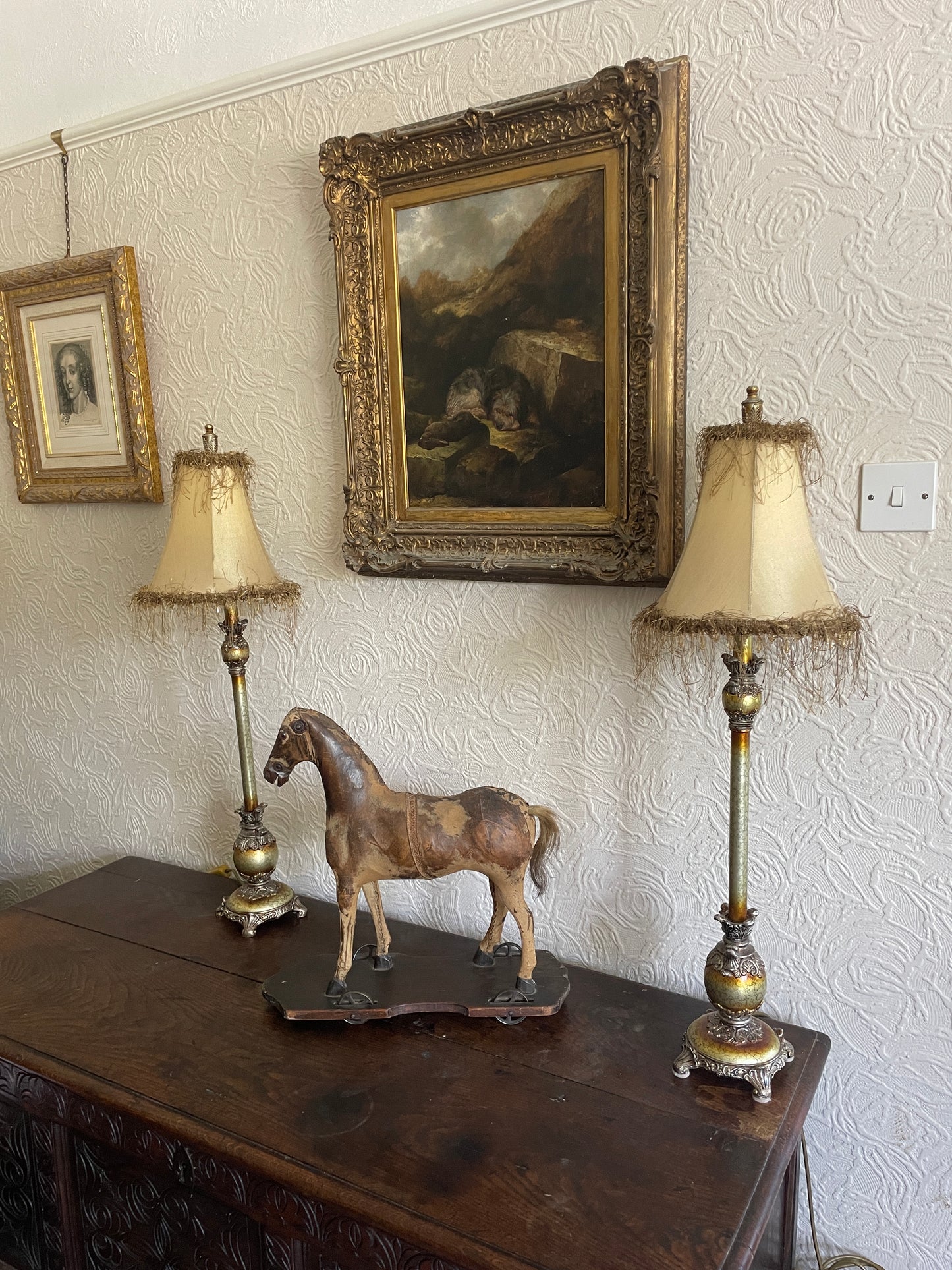 Pair of 19th Century Style Scumbled Effect Tall Table Lamps With Frilled Shades 80cm tall