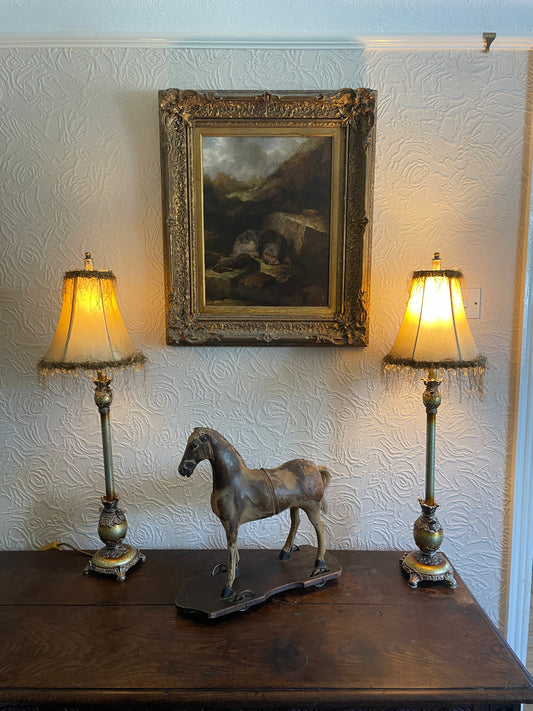 Pair of 19th Century Style Scumbled Effect Tall Table Lamps With Frilled Shades 80cm tall