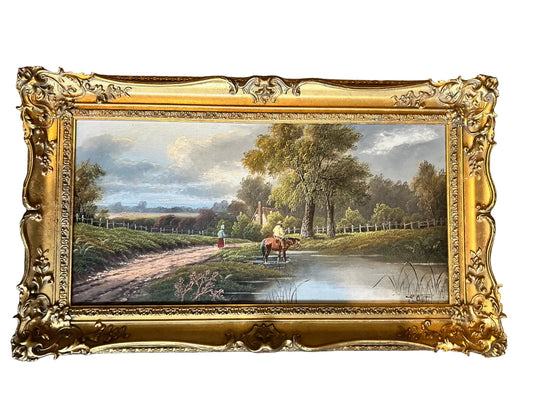 Antique Oil Painting Etty Horton Late 19th Century Landscape With Horse and Figures Gilt Framed Listed Artist Royal Academy Exhibited