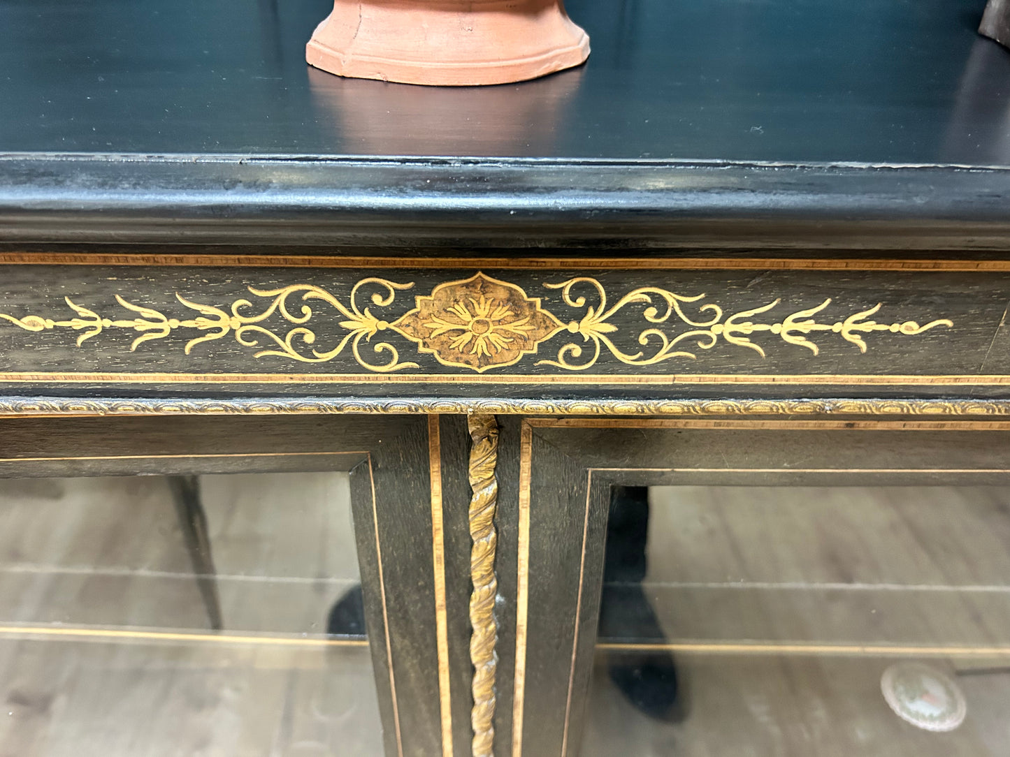 Empire Style Ebonised Glazed Display Cabinet With Ormalu Mounts and Inlaid Decoration.