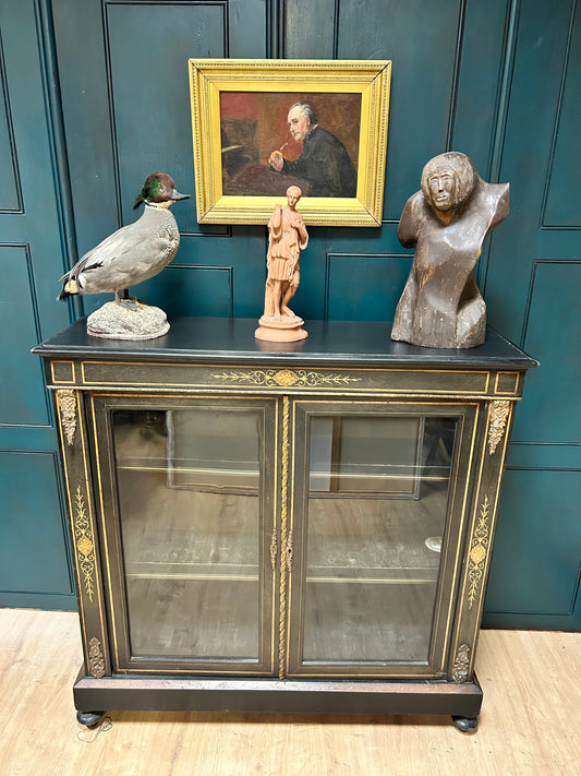 Empire Style Ebonised Glazed Display Cabinet With Ormalu Mounts and Inlaid Decoration.