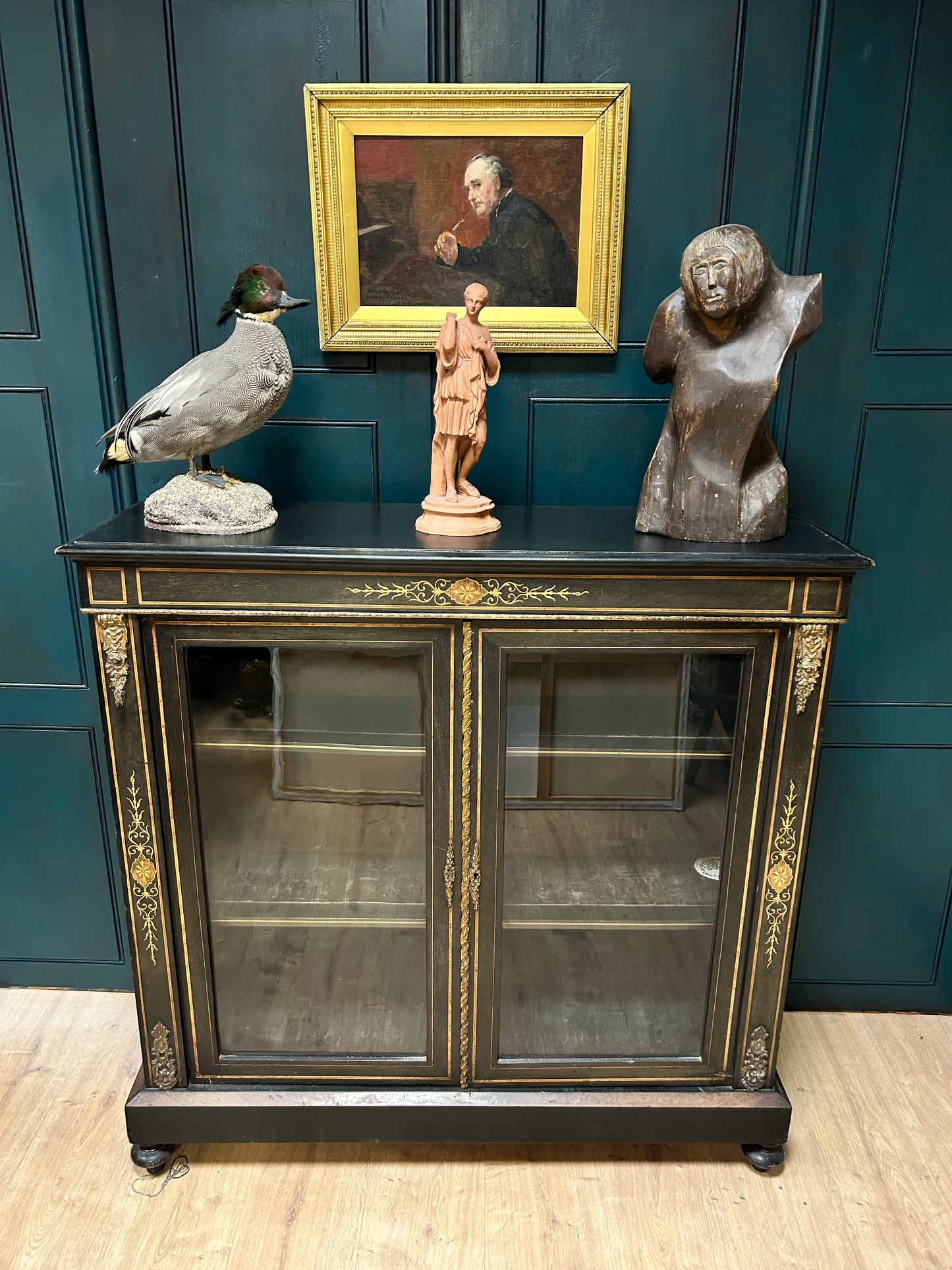 Empire Style Ebonised Glazed Display Cabinet With Ormalu Mounts and Inlaid Decoration.