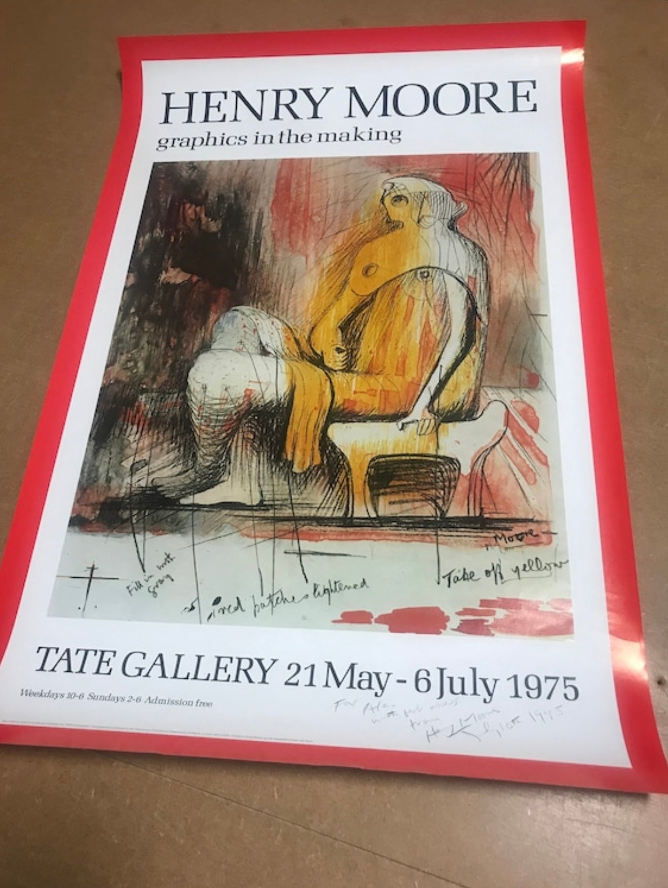 Henry Moore Original Gallery Exhibition Poster Tate Gallery London 1975 SIGNED By Henry Moore Very Rare Original Signed