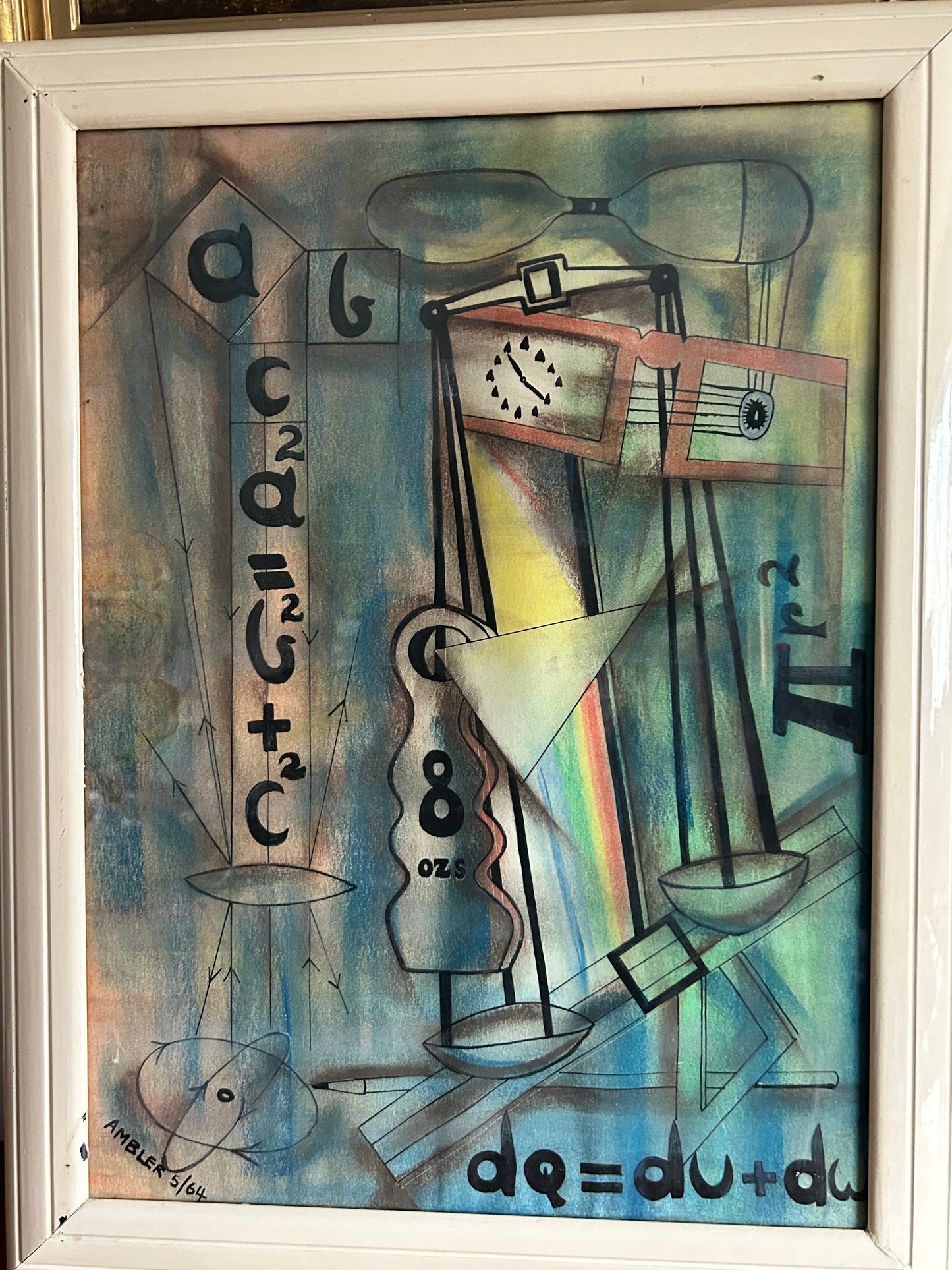 Mid Century Modern Bauhaus Style Original Oil Pastel Painting in the Abstract Style Dated 1664 In it’s Original Mid Century Frame