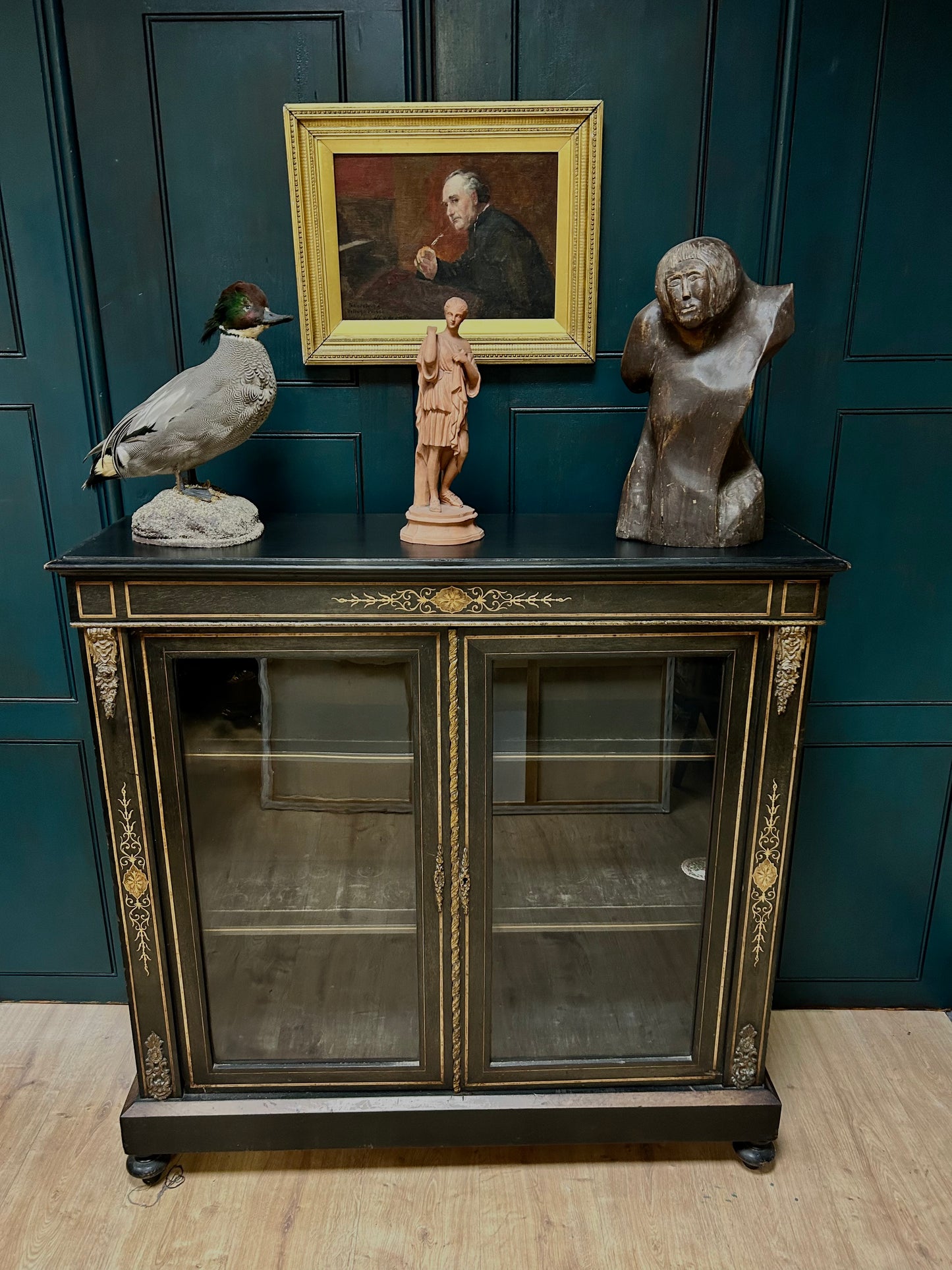 Empire Style Ebonised Glazed Display Cabinet With Ormalu Mounts and Inlaid Decoration.