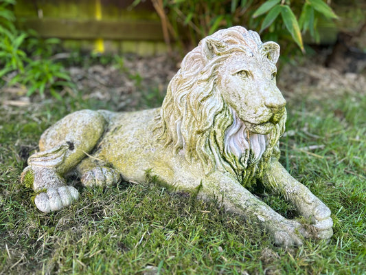 Large Garden Lion Statue In Reconstited stone Recumbent Lion