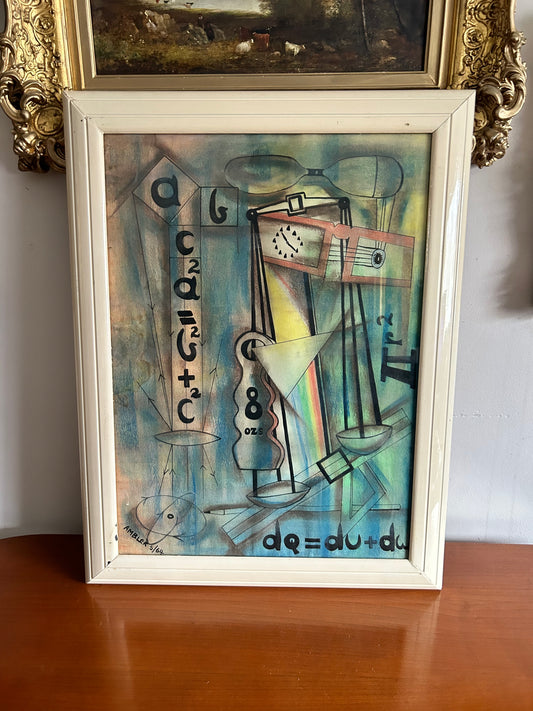 Mid Century Modern Bauhaus Style Original Oil Pastel Painting in the Abstract Style Dated 1664 In it’s Original Mid Century Frame