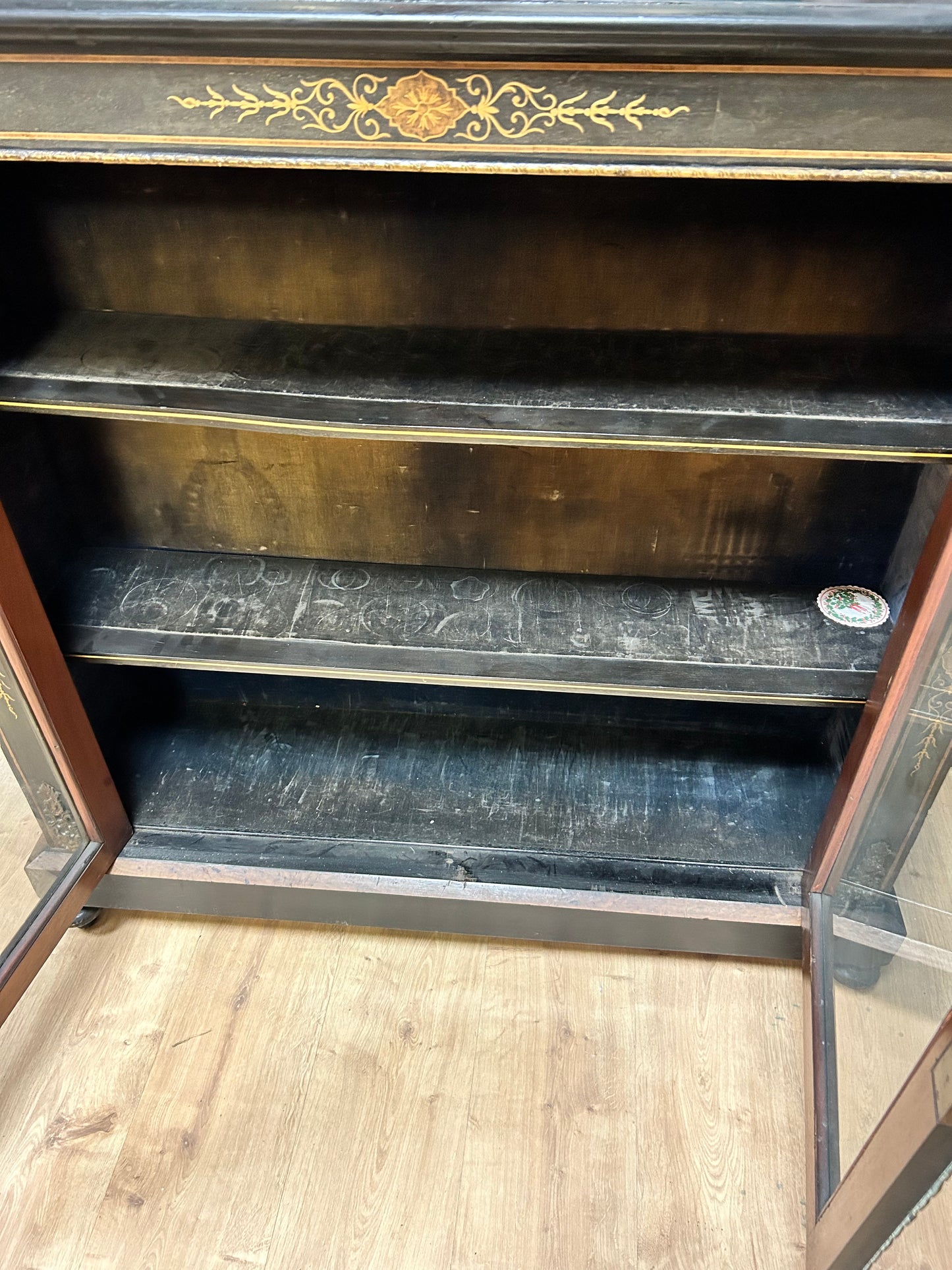 Empire Style Ebonised Glazed Display Cabinet With Ormalu Mounts and Inlaid Decoration.